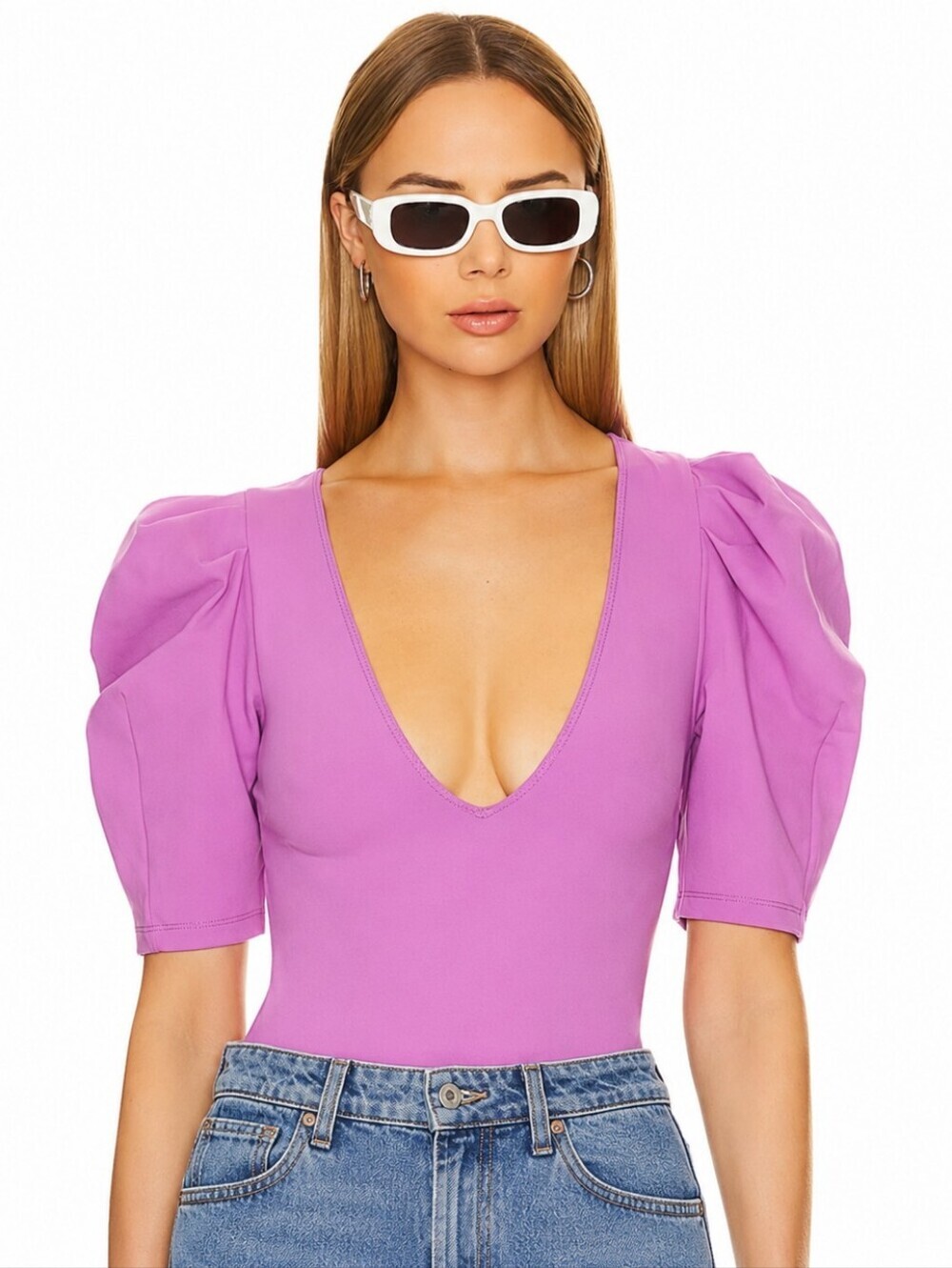 Free People Intimately Va Va Voom Bodysuit Puff Sleeve Deep V Neck Pink S
